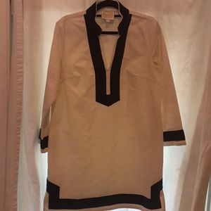 Sail to Sable ivory long sleeve with navy trim dress